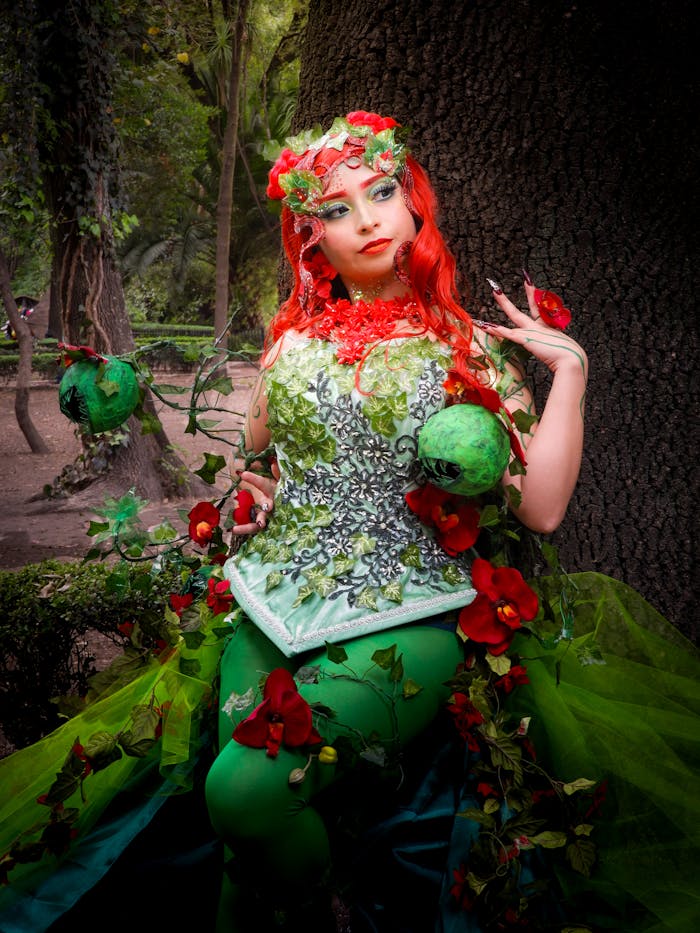 Striking cosplay portrait with nature-inspired costume in lush outdoor setting.