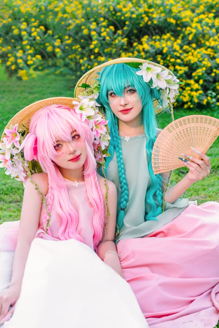 Colorful cosplay with floral hats in a bright garden setting.